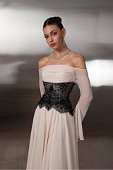 Off the Shoulder Long Sleeves Long Formal Dress With Lace Pleated