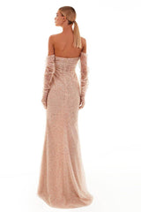 Sequins Strapless Long Split Formal Dress With Pleated Long Gloves