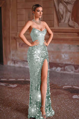 Strapless Sleeveless Long Mermaid Formal Dress With Split Sequins