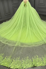 Off-Shoulder Green Tulle Ball Gown with Beaded Appliques Perfect for Quinceanera Sweet 16 & Formal Evenings