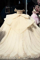 Champagne Gold Beaded Ball Gown Off-Shoulder Sleeveless Quinceanera Dress with Tulle Skirt & Bow Detail for Sweet 16 Birthday & Formal Events