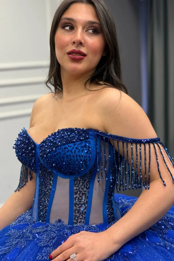 Royal Blue Off-Shoulder Ball Gown Beaded Pleated Tulle Quinceanera Dress for Sweet 16 & Formal Evenings