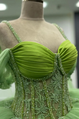 Off-Shoulder Green Tulle Ball Gown with Beaded Appliques Perfect for Quinceanera Sweet 16 & Formal Evenings