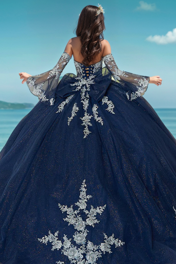 Navy Blue Tulle Quinceanera Dress Strapless Ball Gown with Detachable Bell Sleeves Beaded Appliques & Lace-Up Bow