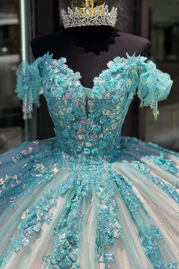 Sky Blue Ball Gown Off-Shoulder Sequined Tulle Quinceanera Dress for Sweet 16 & Formal Evenings