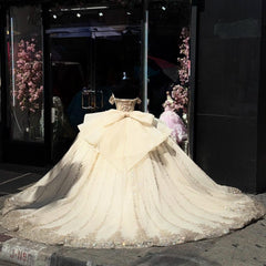 Champagne Gold Beaded Ball Gown Off-Shoulder Sleeveless Quinceanera Dress with Tulle Skirt & Bow Detail for Sweet 16 Birthday & Formal Events