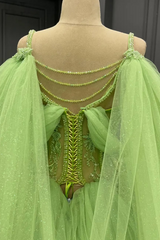 Off-Shoulder Green Tulle Ball Gown with Beaded Appliques Perfect for Quinceanera Sweet 16 & Formal Evenings