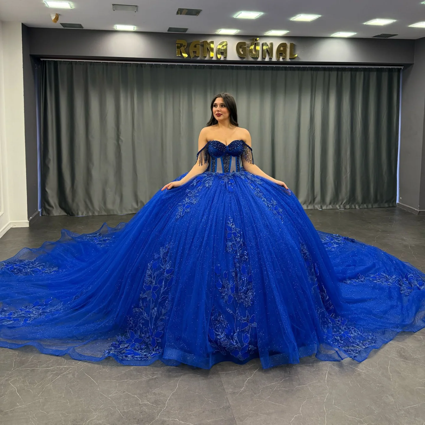 Royal Blue Off-Shoulder Ball Gown Beaded Pleated Tulle Quinceanera Dress for Sweet 16 & Formal Evenings