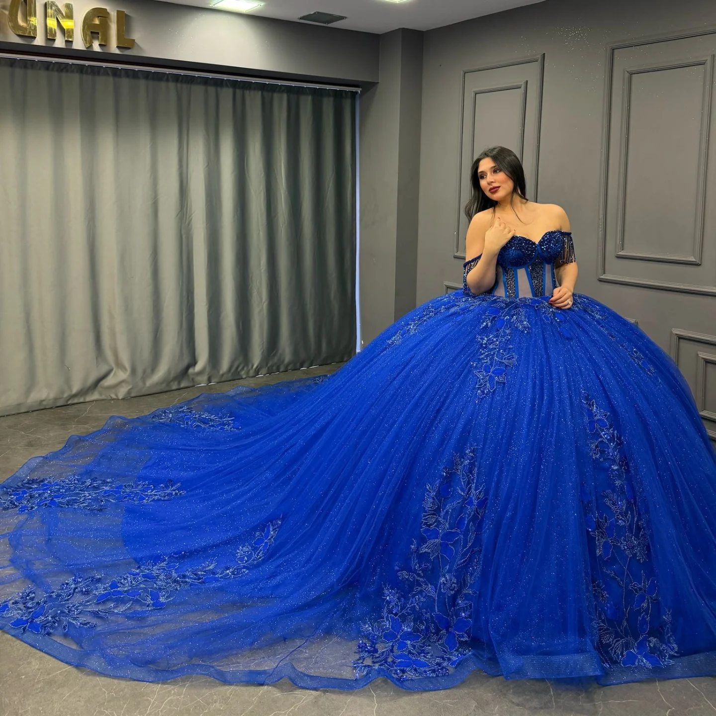 Royal Blue Off-Shoulder Ball Gown Beaded Pleated Tulle Quinceanera Dress for Sweet 16 & Formal Evenings