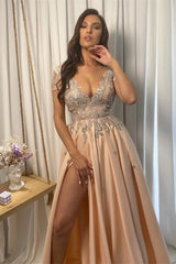 Newinlook Formal V-Neck Short Sleeves Split Evening Dress With Appliques