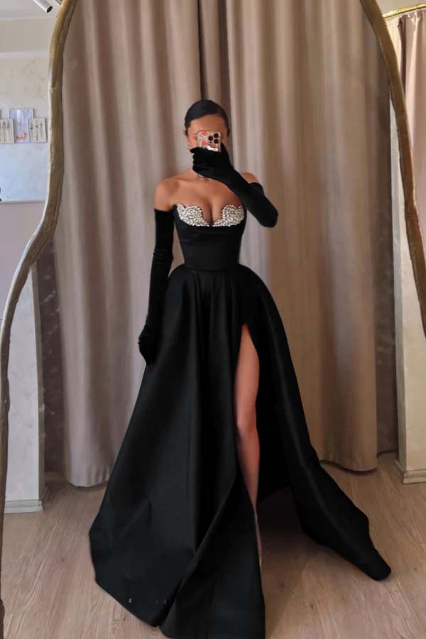 Strapless Sleeveless Long Split Formal Dress With Beading Long Gloves