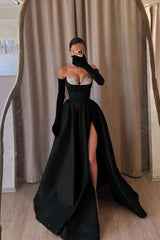 Strapless Sleeveless Long Split Formal Dress With Beading Long Gloves