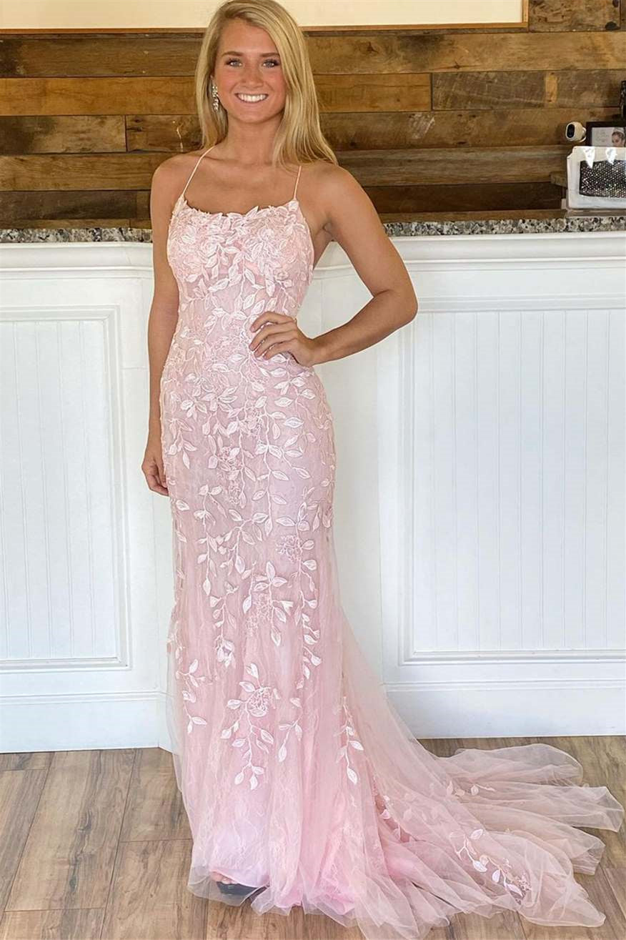 Tulle Mermaid Formal Dress Spaghetti Strap Open Back With Appliques