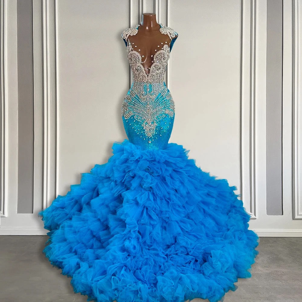 Elegant Ocean Blue Mermaid Tulle Ruffle Formal Dresses Long With Beads