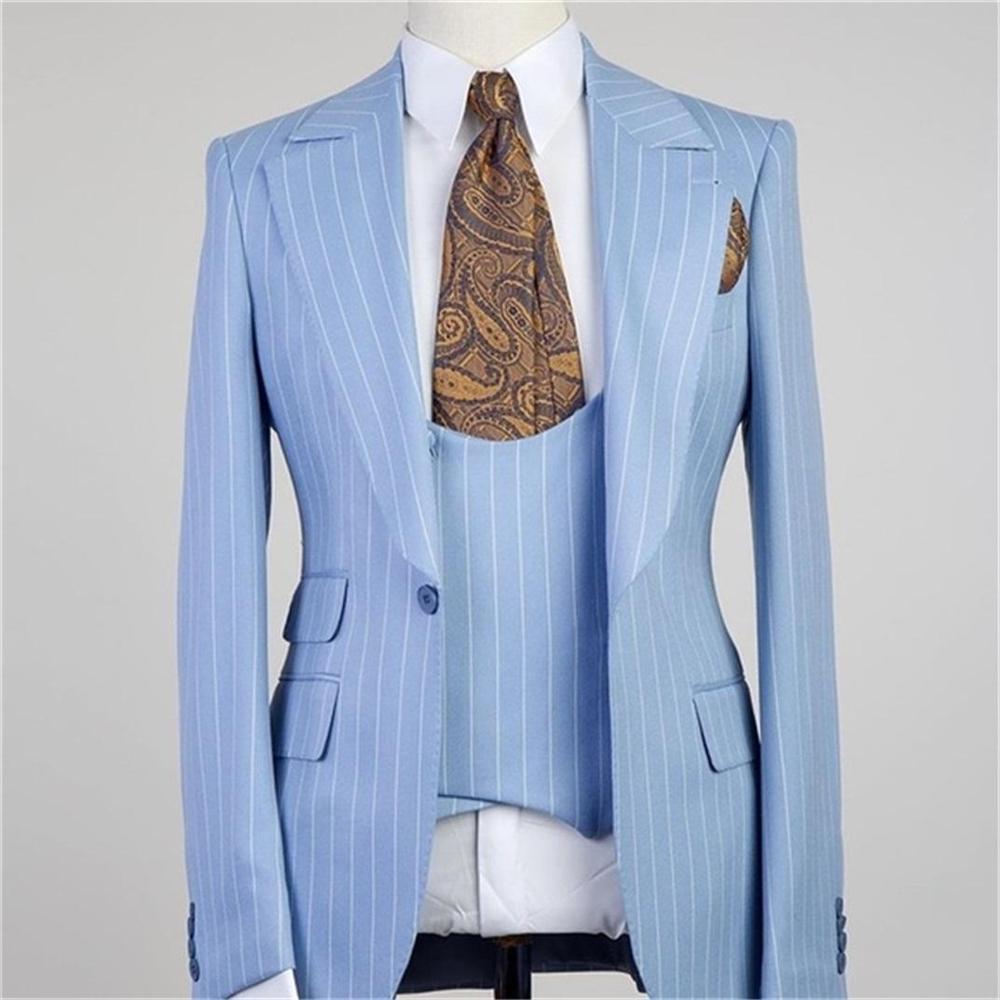 Newinlook Gorgeous Blue Striped Three-Piece Groomsmen Tuxedo with Peaked Lapel