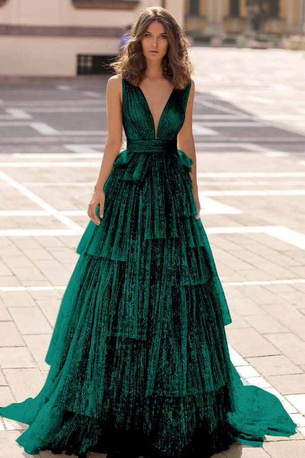 Tulle Straps V Neck Sleeveless Long Formal Dress With Sequin Pleated