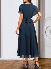 V-Neck Short Sleeve Chiffon Mother of the Bride A-Line Dress with Belt