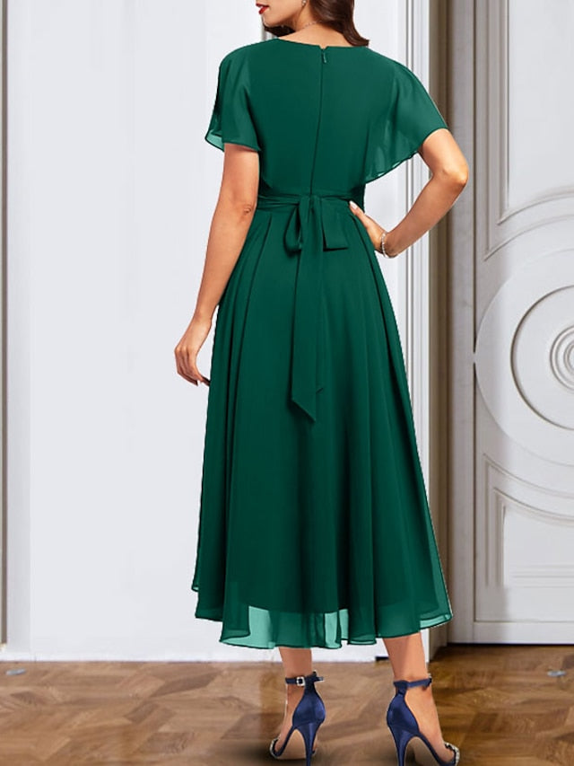 V-Neck Short Sleeve Chiffon Mother of the Bride A-Line Dress with Belt