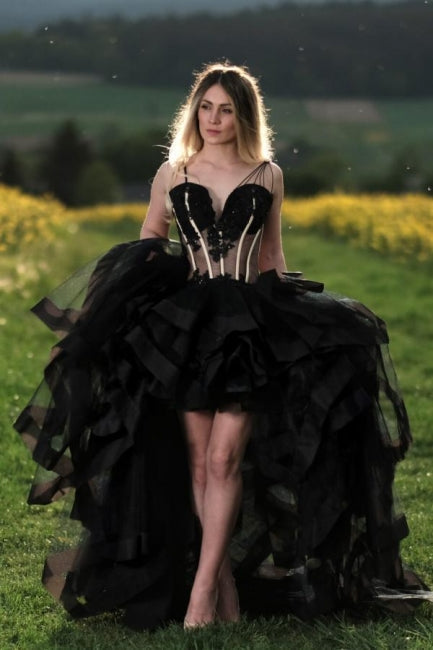 Glamorous Long A-Line Hi-Lo Black Sweetheart Tulle Sleeveless Floor-Length Prom Dresses with Lace