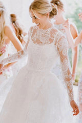 Elegant Long A-Line Square Neck Floor-Length Tulle Open Back Lace Wedding Dresses with Long Sleeves
