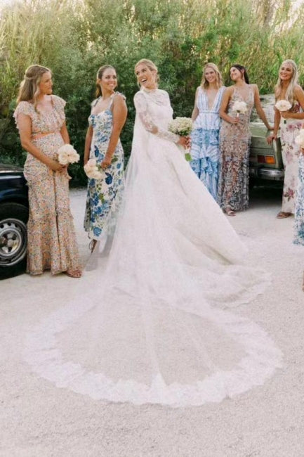 Elegant Long A-Line Square Neck Floor-Length Tulle Open Back Lace Wedding Dresses with Long Sleeves