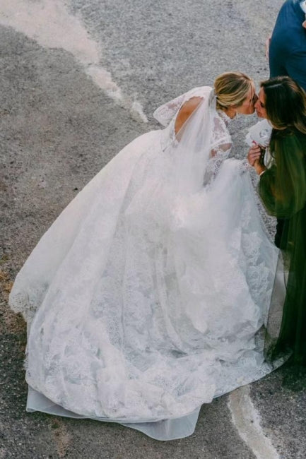 Elegant Long A-Line Square Neck Floor-Length Tulle Open Back Lace Wedding Dresses with Long Sleeves