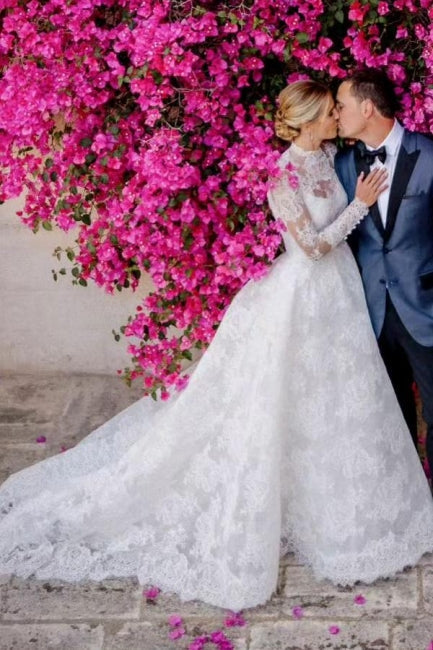 Elegant Long A-Line Square Neck Floor-Length Tulle Open Back Lace Wedding Dresses with Long Sleeves
