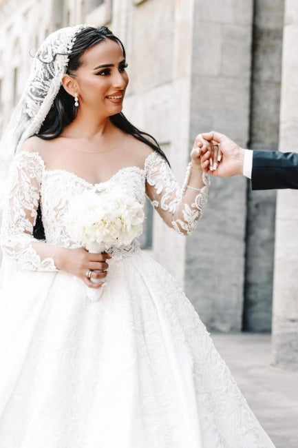 Designer Long Ball Gown Sweetheart Long Sleeve Floor-Length Stain Wedding Dresses with Lace