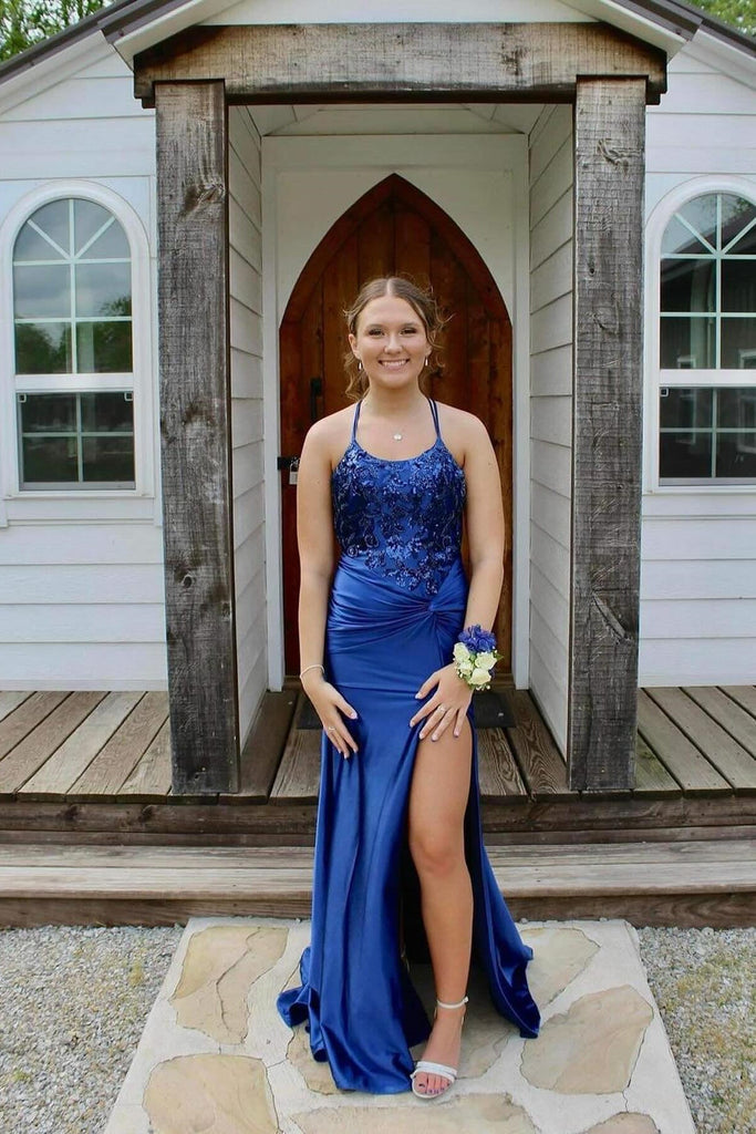 amazon blue bridesmaid dresses Striking Column Satin Scoop Sleeveless Blue Prom Dress Featuring Appli –  Newinlook
