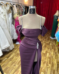 Amazing Column Spaghetti Straps Sleeveless Rhinestone Satin High Slit Prom Dress