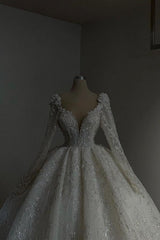 Amazing Long Princess A-line V-neck Lace Beaded Wedding Dress with Long Sleeves
