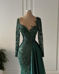 Langes, dunkelgrünes, spitzenbesetztes Meerjungfrauen-Abendkleid von Designern mit V-Ausschnitt und eleganten langen Ärmeln