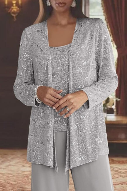 Beautiful Long Silver Sequined Lacy Jacket Dress for the Mother of the Newinlook Beautiful Long Silver Sequined Lacy Jacket Dress for the Mother of the Newinlook
