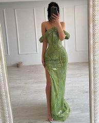 Stunning Mermaid Sleeveless Satin Sequined Split Lime Green Prom Dress