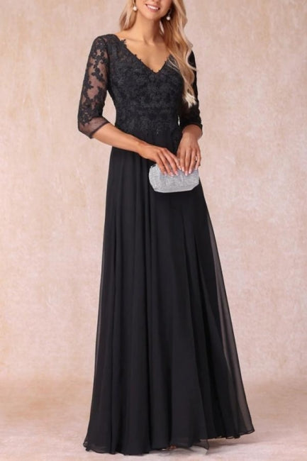 Black Long A-line V-neck Lacy Chiffon Dress with Sleeves for the Elega Newinlook Black Long A-line V-neck Lacy Chiffon Dress with Sleeves for the Elega Newinlook