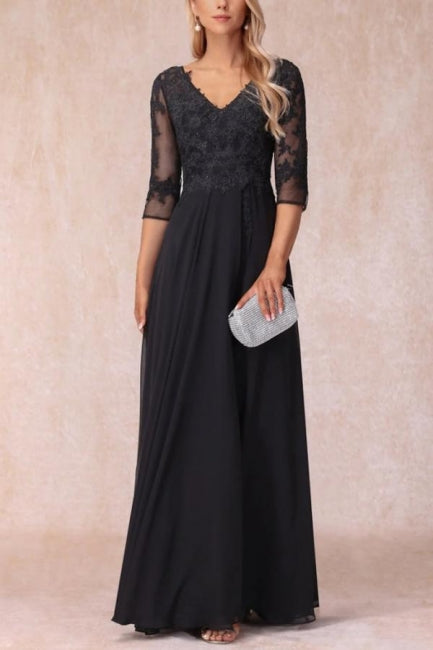 Black Long A-line V-neck Lacy Chiffon Dress with Sleeves for the Elegant Mother of the Bride