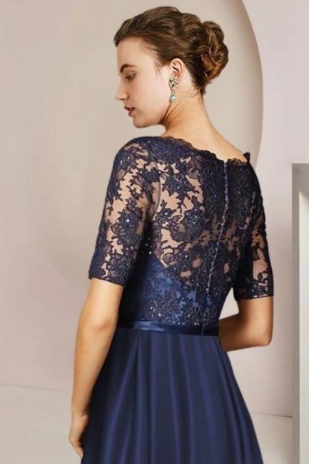 short blue mother of the bride dresses blue of the Bride blue midi dress with 3D Floral V-Neck and Beaded Long Sleeves