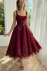 Glamorous A-Line Burgundy square neck Ankle length Homecoming Dress