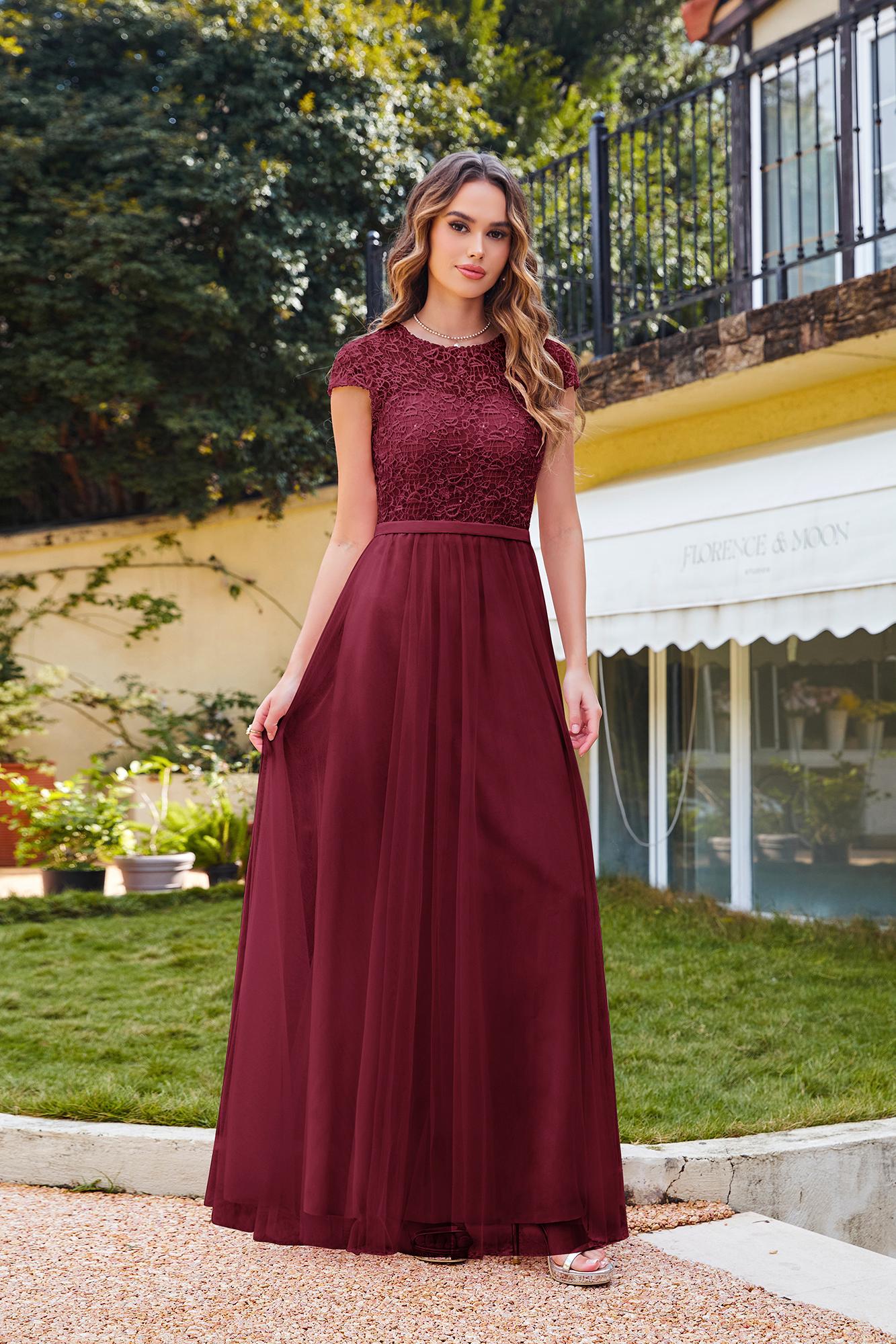 Designer Sleeves Scoop Short Lace Prom Dress Long Chiffon Online