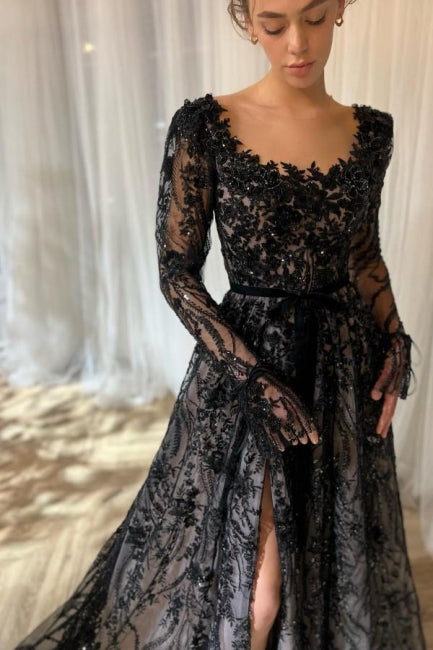 Enchanting Long Black A-Line Lace Glitter Long Sleeves Wedding Dress w Newinlook Enchanting Long Black A-Line Lace Glitter Long Sleeves Wedding Dress w Newinlook