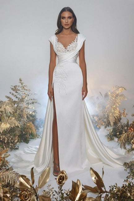 Sexy A-Line Sweetheart Appliques Floor-Length Cap Sleeve Split Front Prom Dresses with Ruffles