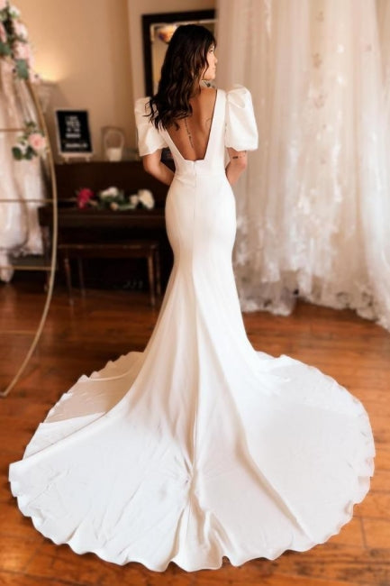 Chic Long Mermaid Square Neck Satin Backless Wedding Dress with Short Newinlook Chic Long Mermaid Square Neck Satin Backless Wedding Dress with Short Newinlook