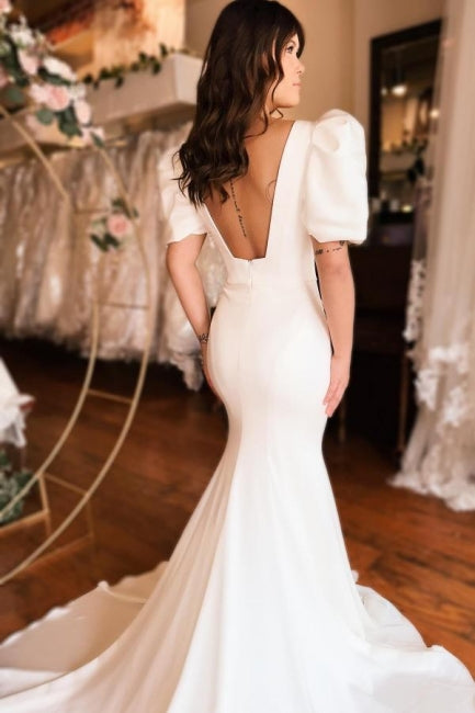 satin backless wedding dress Chic Long Mermaid Square Neck Satin Backless Wedding Dress with Short – Newinlook