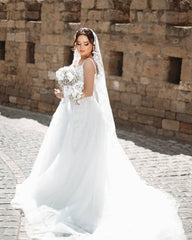 Stylish Long White A-line Spaghetti Strap Lace Sleeveless Wedding Dress