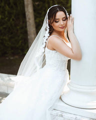 Stylish Long White A-line Spaghetti Strap Lace Sleeveless Wedding Dress