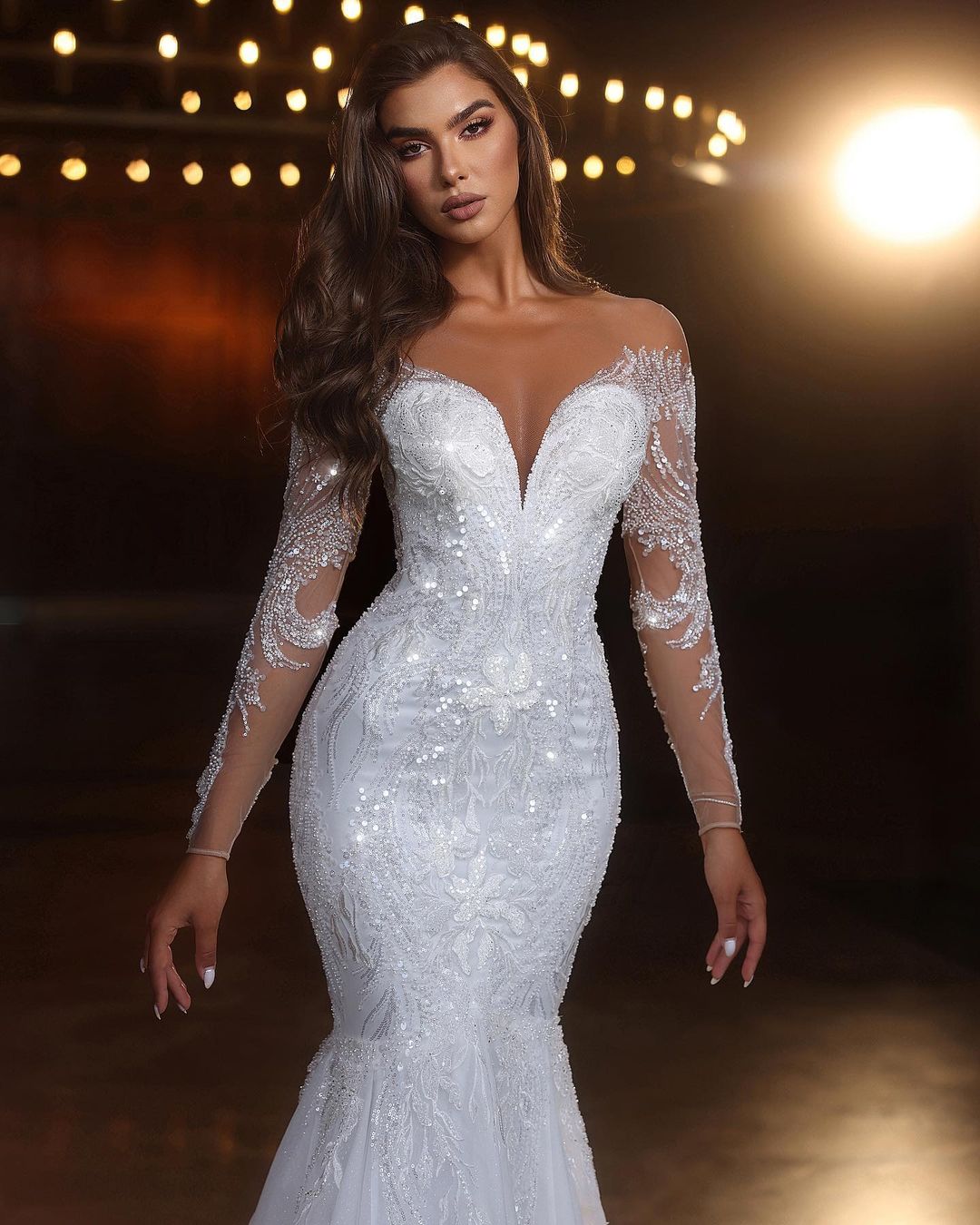 Chic Long White Mermaid Lace Beaded Tulle Long Sleeve Wedding Dress Newinlook Chic Long White Mermaid Lace Beaded Tulle Long Sleeve Wedding Dress Newinlook