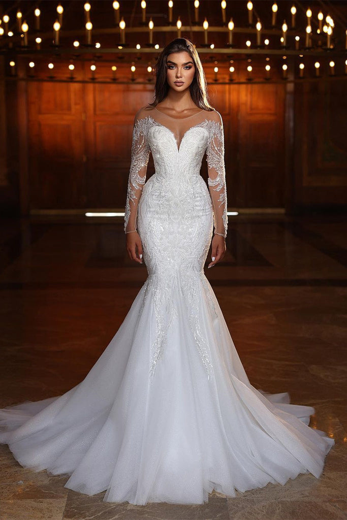 Chic Long White Mermaid Lace Beaded Tulle Long Sleeve Wedding Dress –  Newinlook
