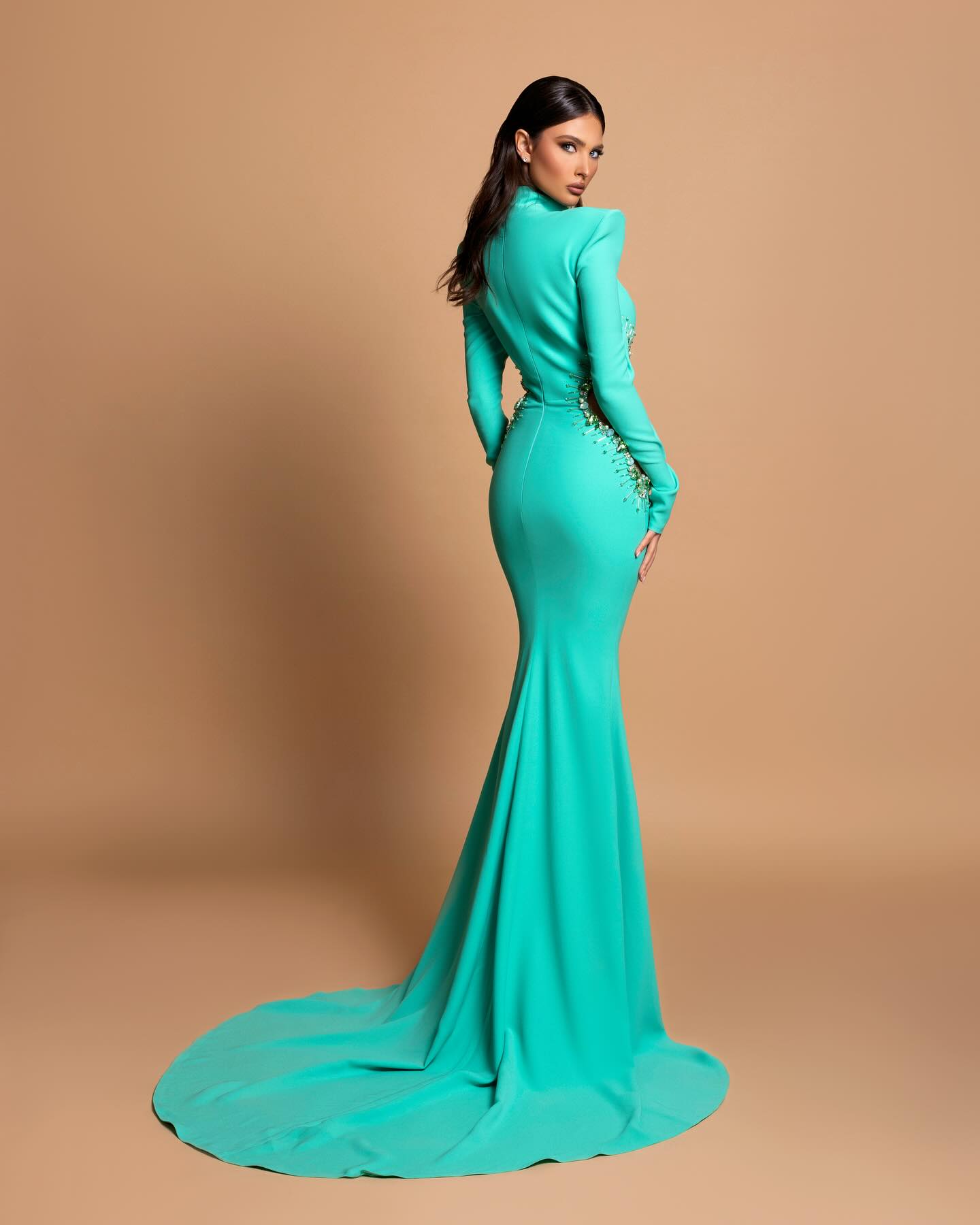 Designer Column High Neck Long Sleeve Beaded Satin Evening Dress Newinlook Designer Column High Neck Long Sleeve Beaded Satin Evening Dress Newinlook
