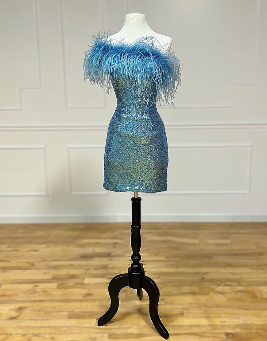 Farrah Sheath Sparkling Sequin Homecoming Dress with Feather Details