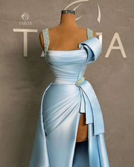 Elegant Long Blue A-line Straps Pearls Sleeveless Prom Gown With Slit